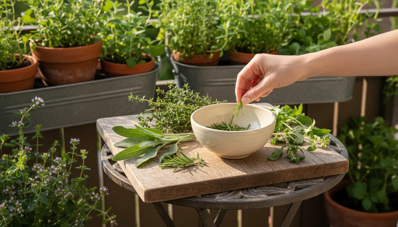 A hand strips rosemary leaves into a small ceramic bowl on a wooden board with other fresh herbs, set on a balcony table.