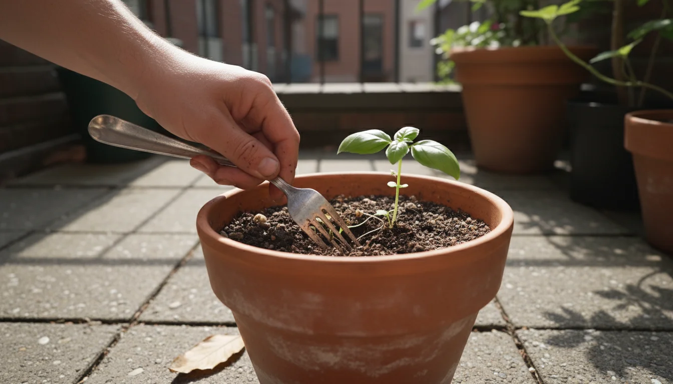A hand with a sturdy dinner fork gently loosens soil or removes a small weed from a terracotta pot on a sunny patio.