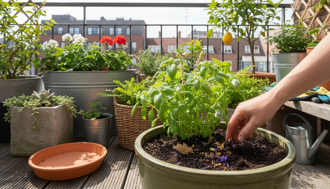 A hand gently sweeps dry leaves and petals from the soil surface of a potted basil plant on a clean urban balcony. A terracotta saucer nearby is visib