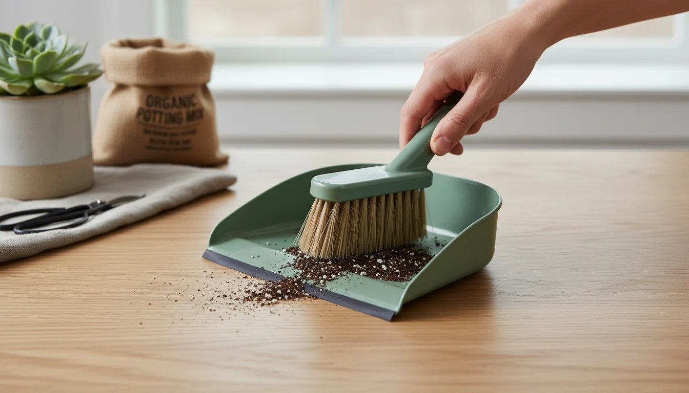 A hand sweeps fine potting mix into a compact, sage green dustpan with a rubber lip, using a matching brush on a light wood surface.