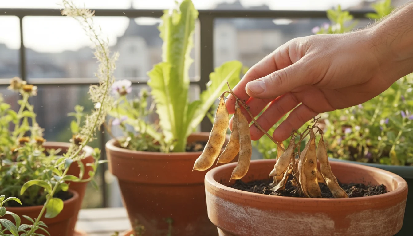 Close-up of a hand gently tapping sun-dried, leathery brown bean pods in a terracotta pot on a balcony. Bolted lettuce seed heads blurred in backgroun