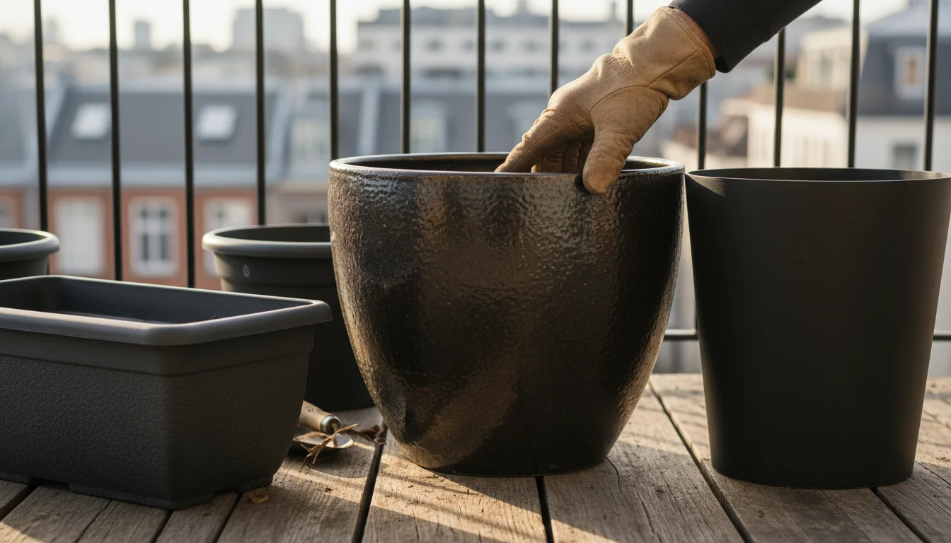 A hand gently taps a dark, empty glazed ceramic pot, surrounded by other durable plastic and fiberglass pots on a wooden surface.