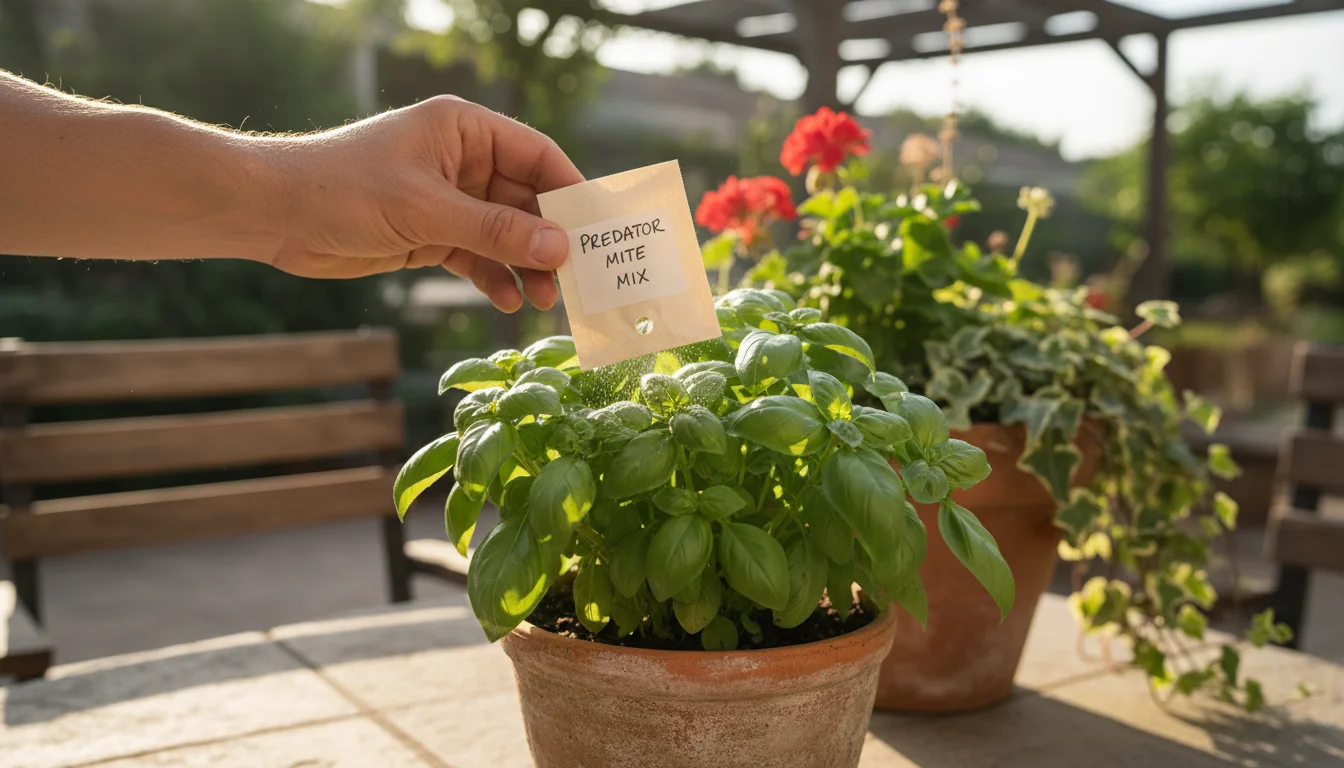 A hand gently taps a small sachet of predatory mites over lush basil leaves in a terracotta pot, releasing beneficial insects onto a container garden