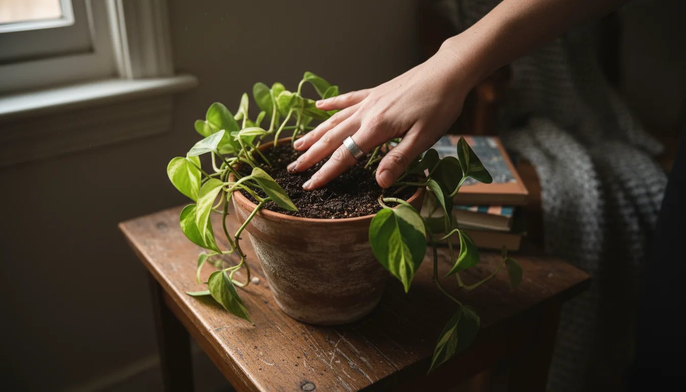 Hand testing soil moisture of a vibrant Pothos plant in a terracotta pot on a wooden table, in soft, indirect light.