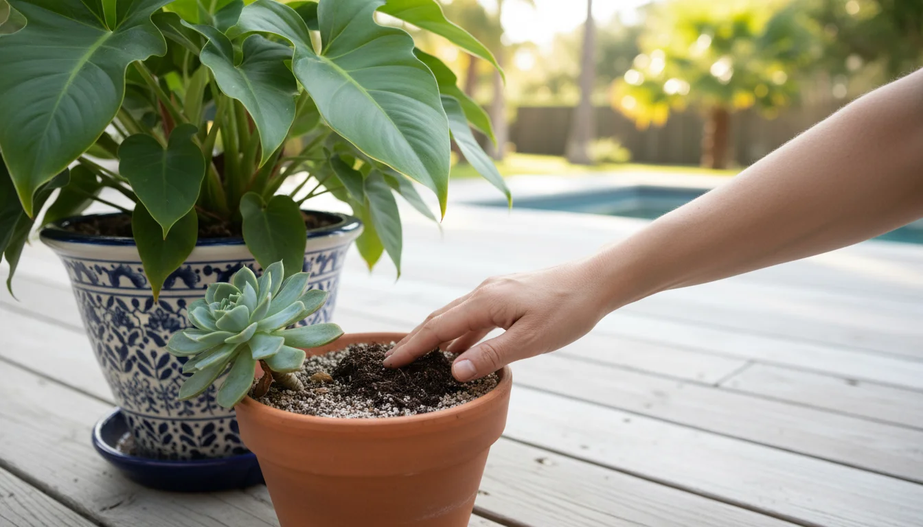 A hand tests the consistently moist soil of a tropical plant next to a succulent with dry soil in pots on a patio, demonstrating varying moisture need