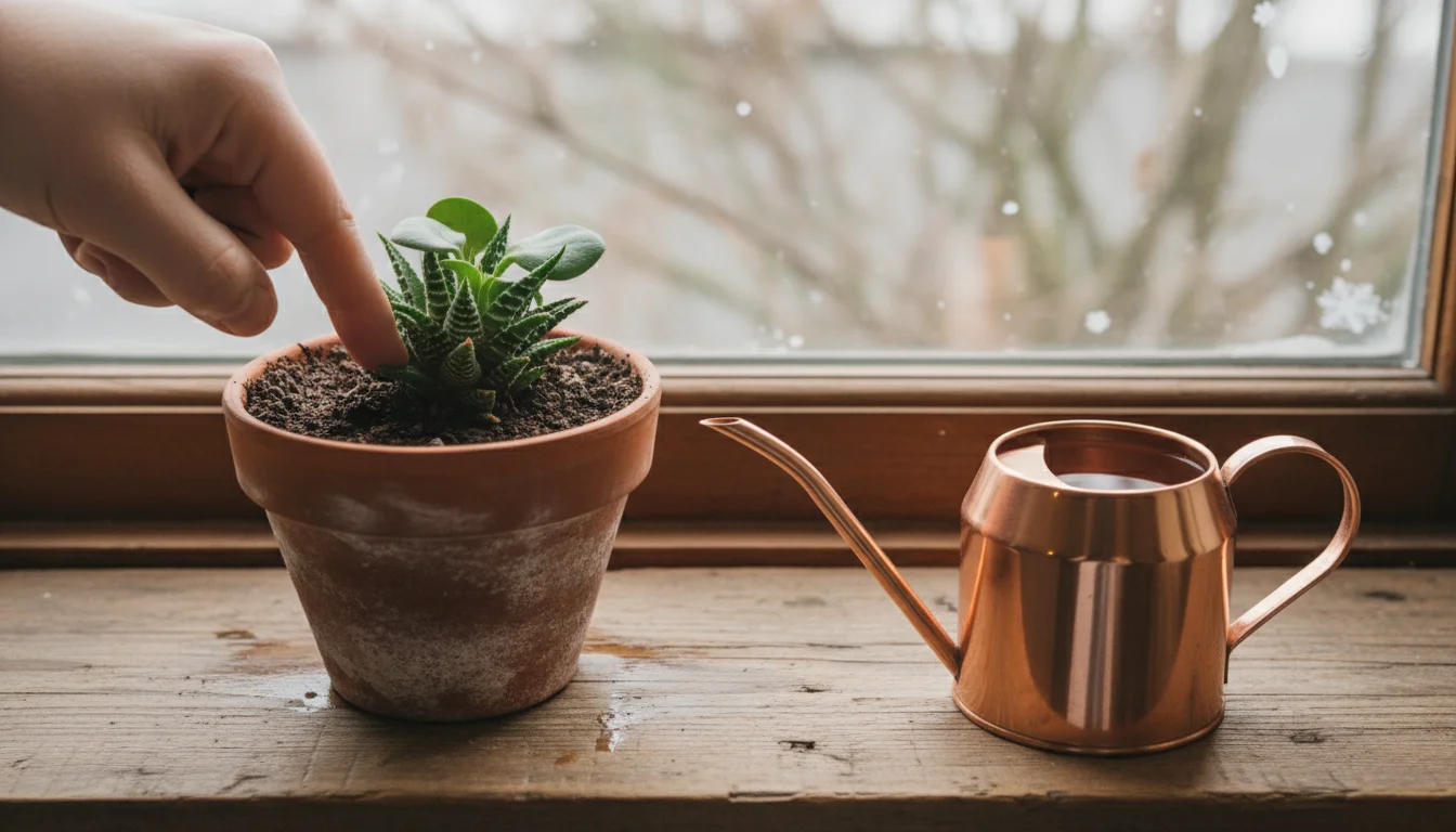A hand tests the soil moisture of a small potted plant on a windowsill, next to a copper watering can.