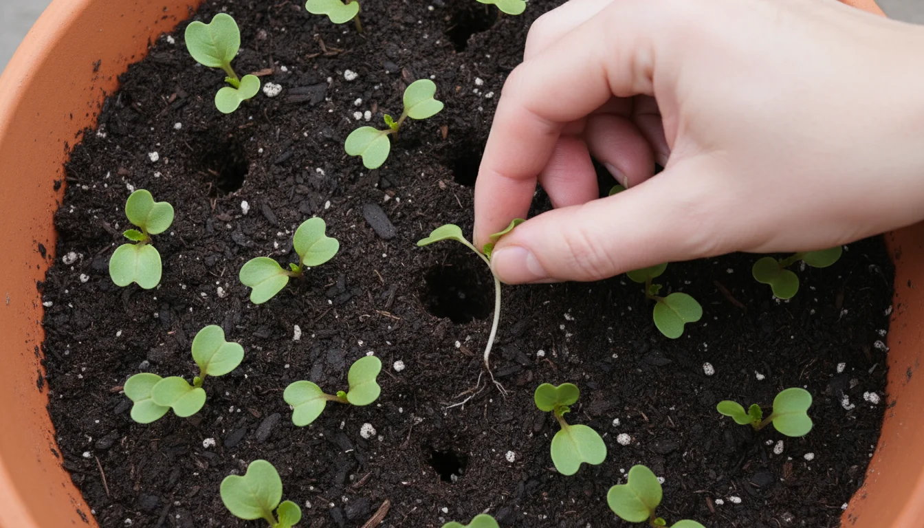 Overhead view of a hand gently thinning radish seedlings in a terracotta pot, leaving well-spaced plants with true leaves.