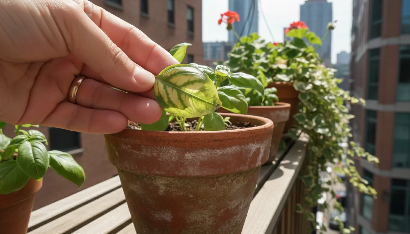 A hand gently touches a basil leaf in a pot on a balcony, showing yellowing between green veins due to nutrient deficiency.