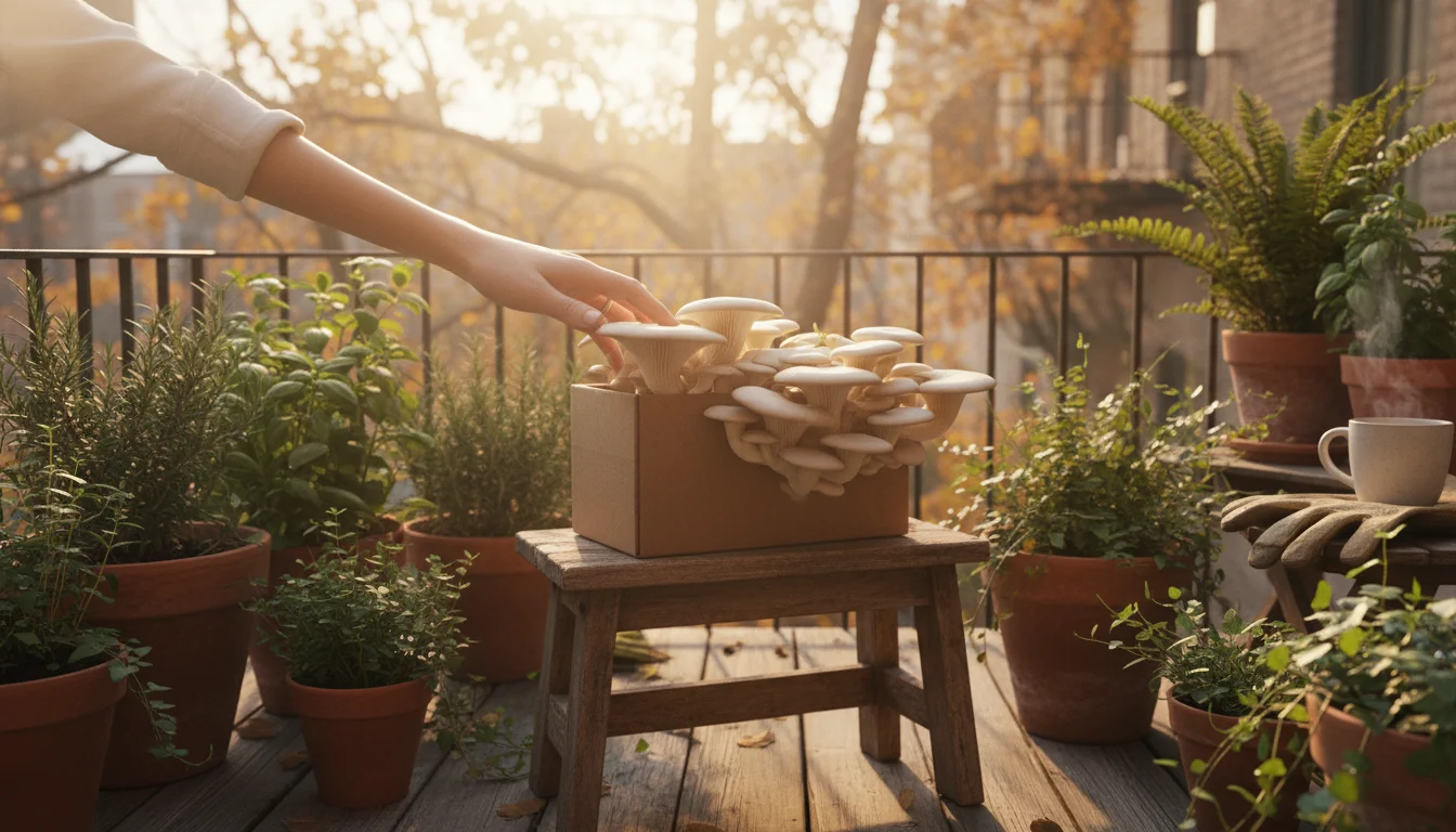A hand gently touches a cluster of oyster mushrooms growing from a kit on a rustic balcony stool, surrounded by potted plants.