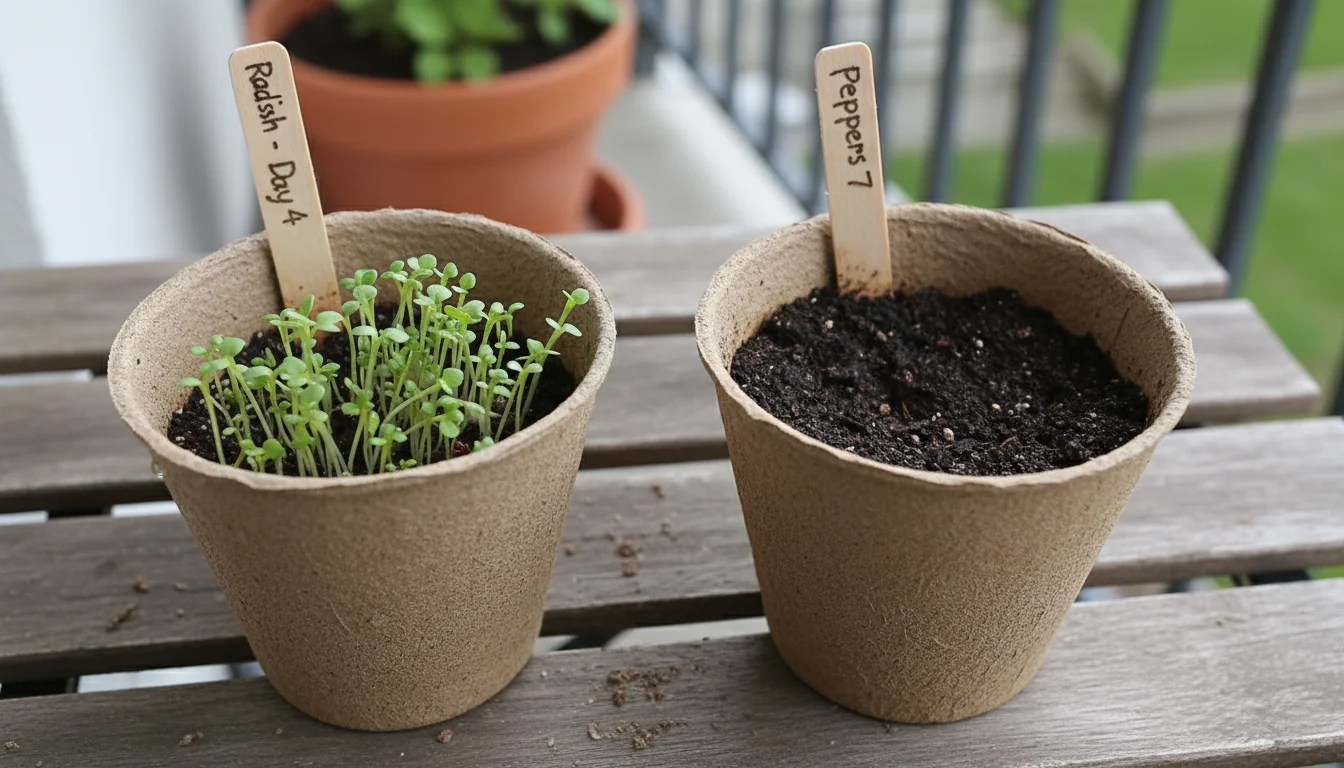 A hand gently touches damp soil in a small pot labeled 'Peppers - Day 7', next to a pot filled with green radish sprouts labeled 'Radish - Day 4'.