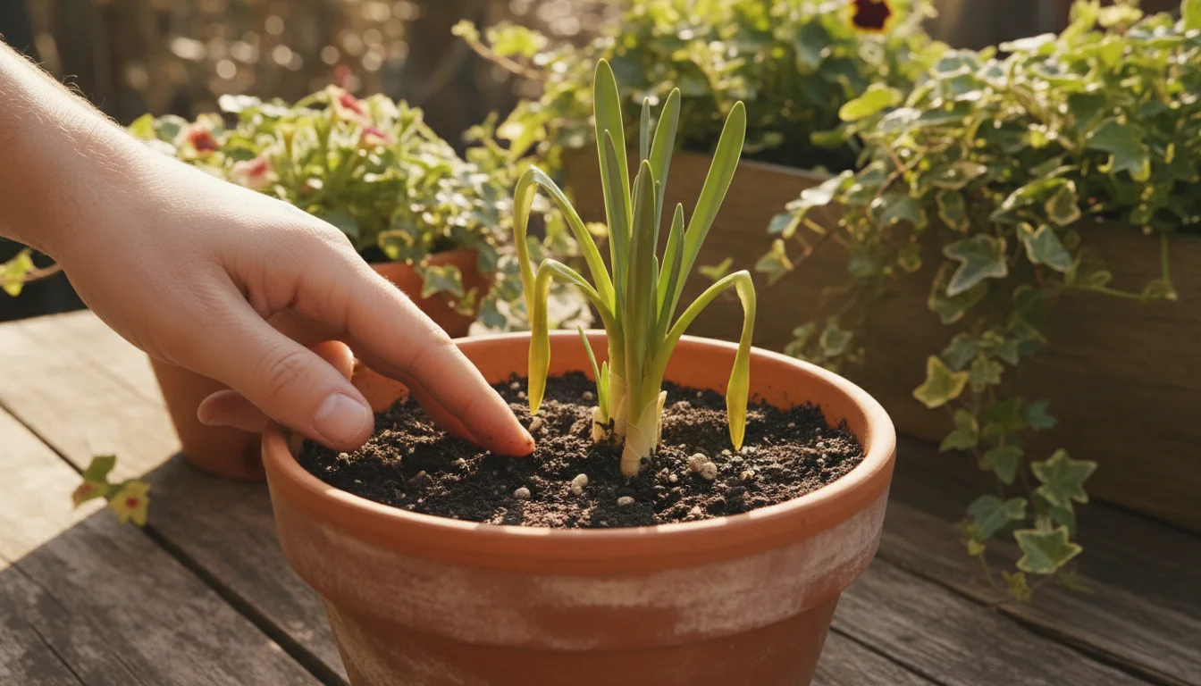 A hand gently touches the damp soil in a weathered terracotta pot with daffodil shoots that have some pale, droopy leaves.