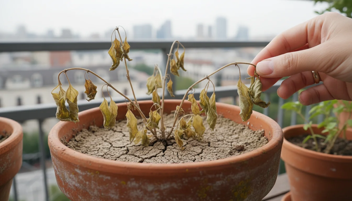 A hand gently touches a droopy, dry basil plant in a terracotta pot on a balcony, showing signs of underwatering with curled, yellowing leaves and dry