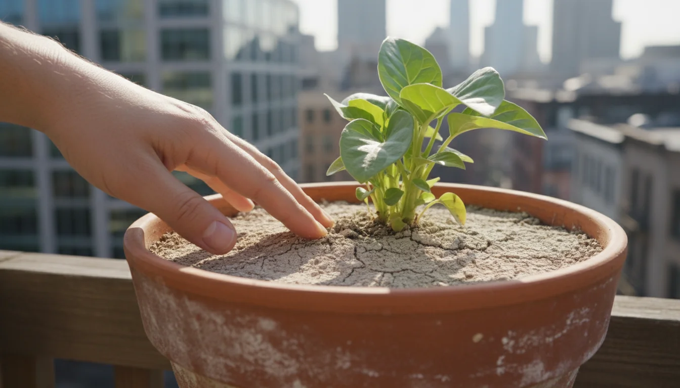 A hand gently touches dry potting mix in a terracotta pot on a sunny balcony, highlighting container moisture loss.