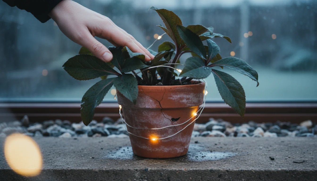 A hand gently touches glossy green leaves of a Hellebore plant in a repurposed terracotta pot with fairy lights on a concrete balcony.