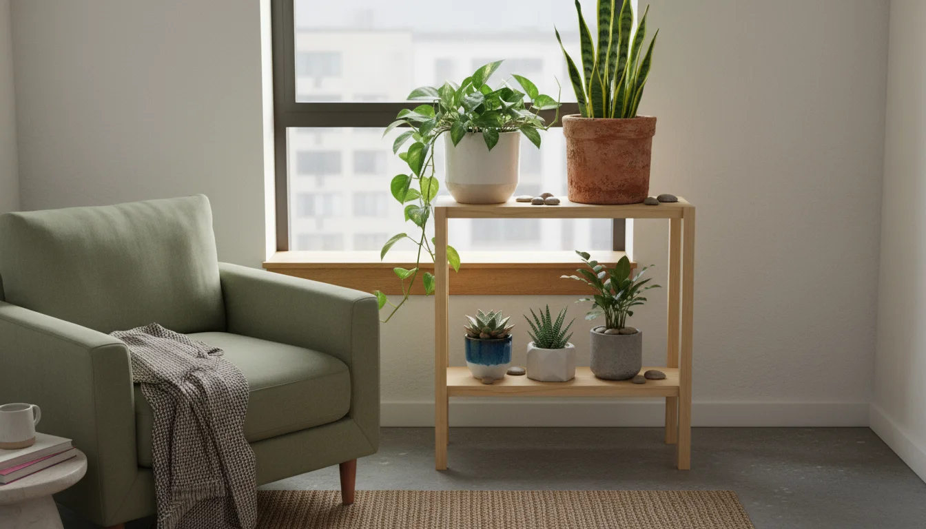 A hand gently touches a healthy ZZ plant, surrounded by snake plants, pothos, and succulents on a bright apartment windowsill and shelf.