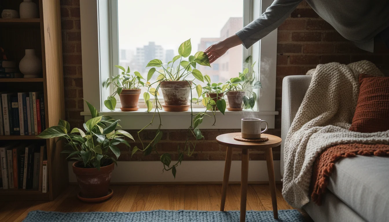 A hand gently touches a leaf of a Pothos plant in a terracotta pot on an urban window sill on a cloudy winter day.