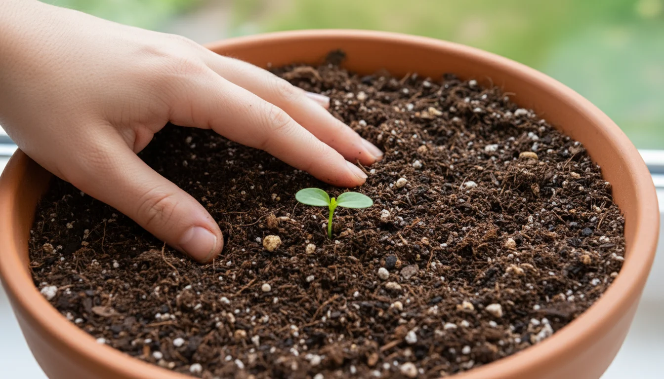 A hand gently touches loose, aerated potting mix in a terracotta pot, with a healthy green plant emerging.