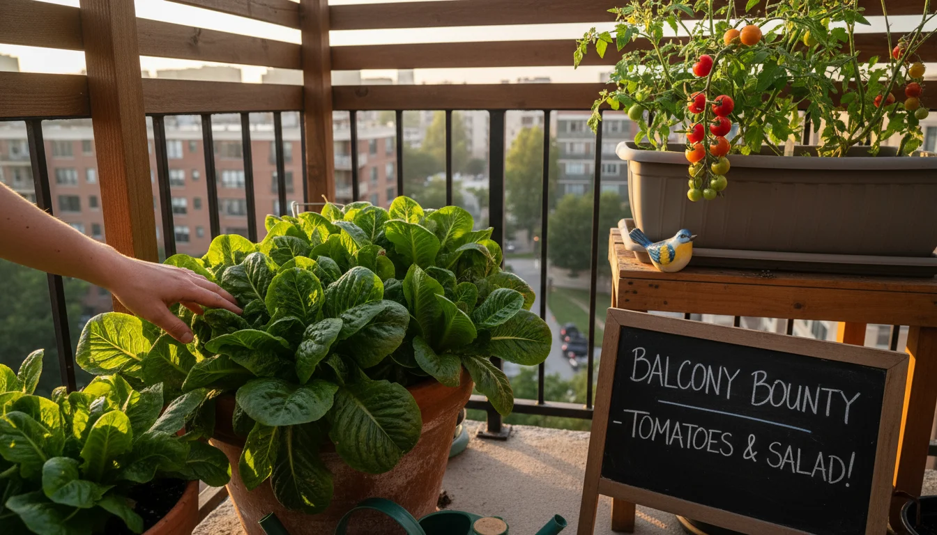 A hand touches lush green lettuce in a shaded pot, while a sun-drenched tomato plant with ripening fruit thrives nearby on a balcony.