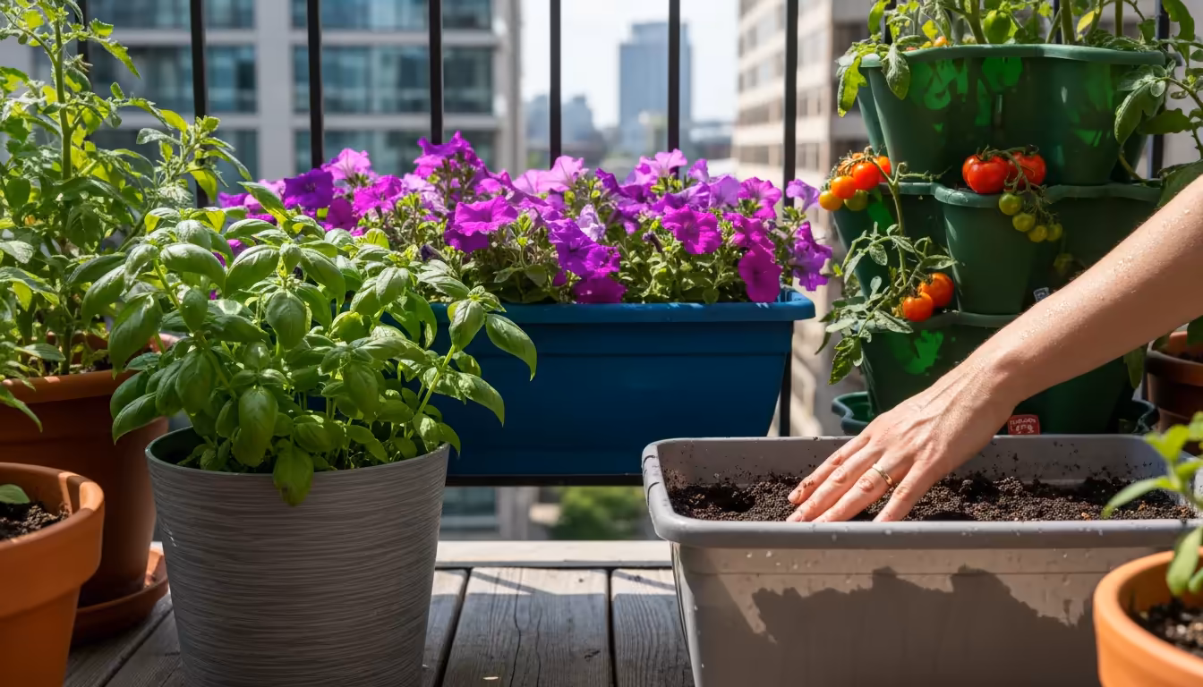 A hand touches the moist soil of a thriving tomato plant in a grey plastic pot on a sunny urban balcony, surrounded by other healthy plants in various