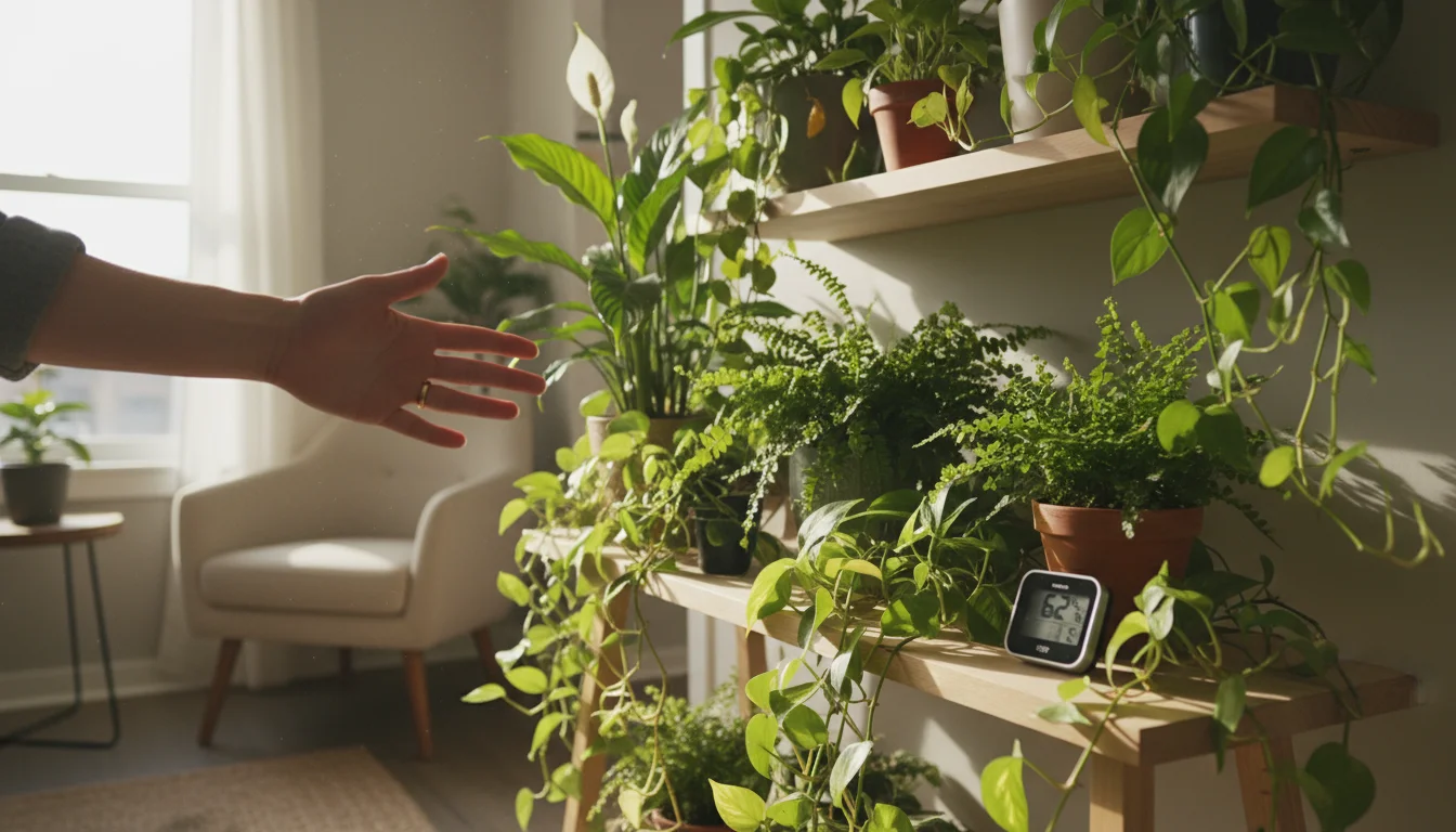 A hand gently touches a peace lily leaf in a cluster of potted houseplants on a table, with a hygrometer visible nearby.