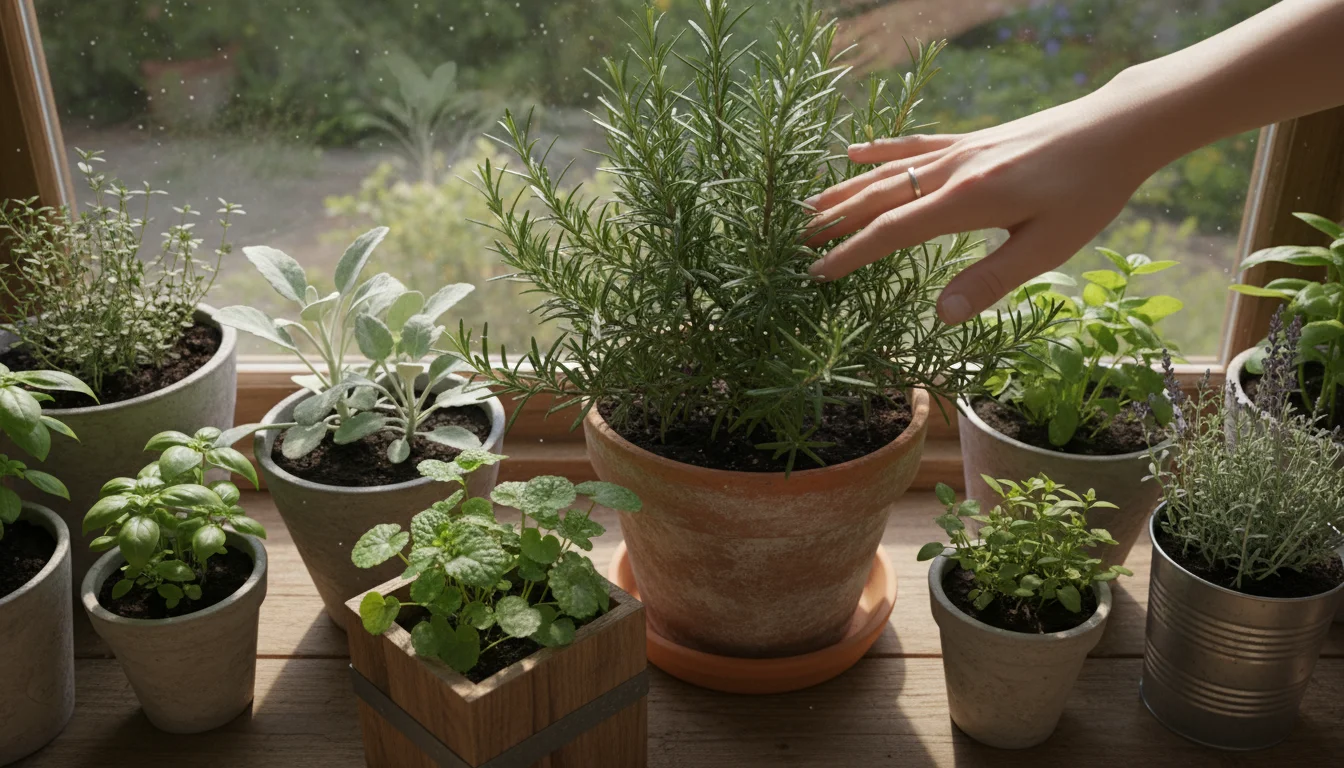 A hand gently touches a rosemary plant, part of a small indoor sensory herb garden on a sunlit windowsill with other potted plants.