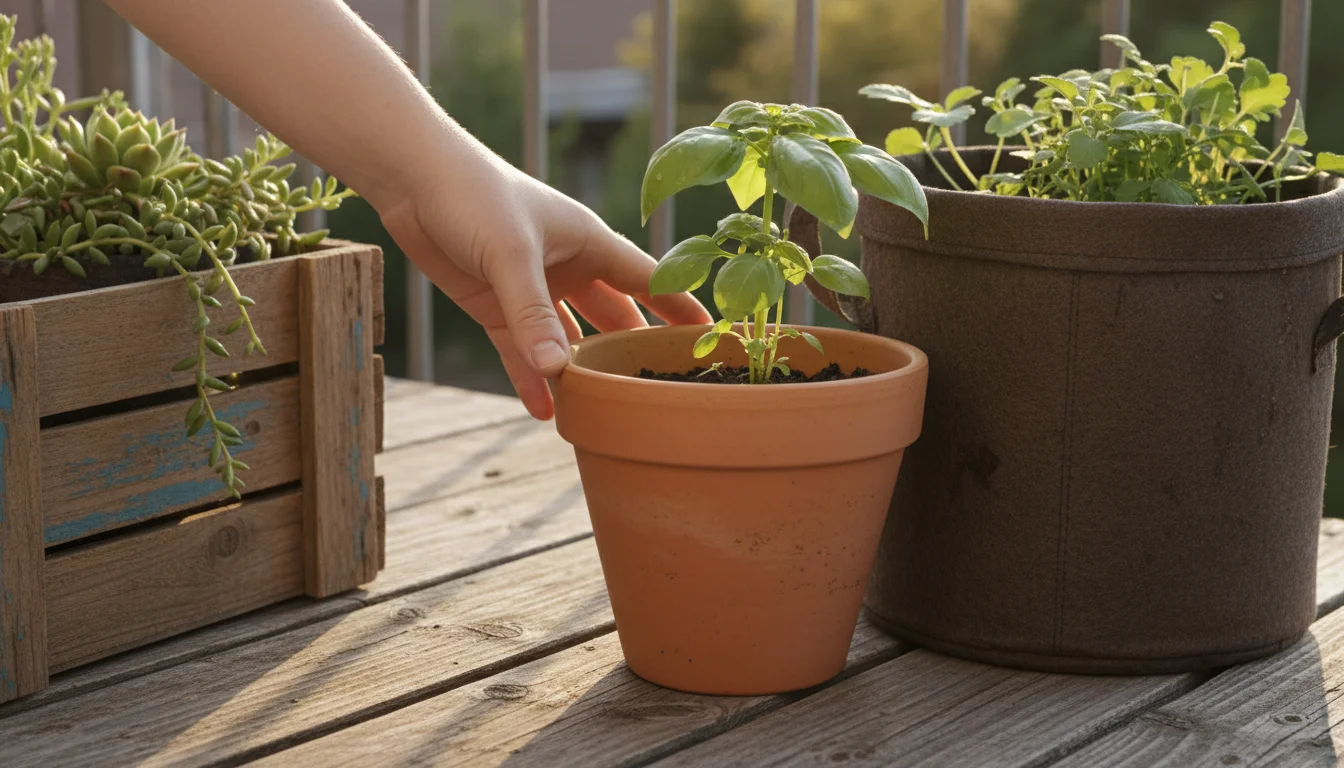 A hand touches a terracotta pot amidst a fabric grow bag and a wooden crate on a weathered balcony floor.