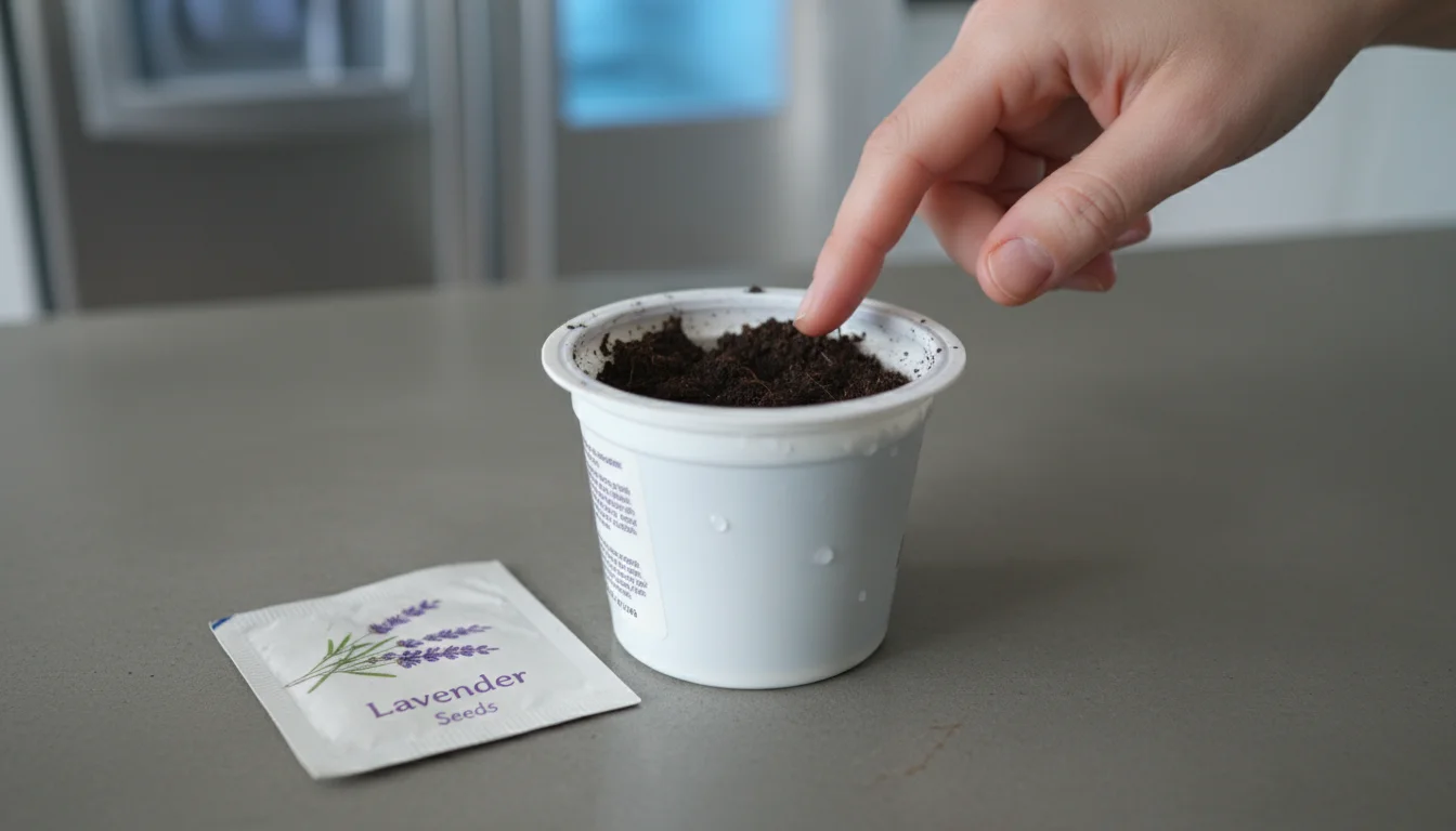 A hand gently touches unsprouted soil in a small pot. An old seed packet and a slightly open fridge are in the background.