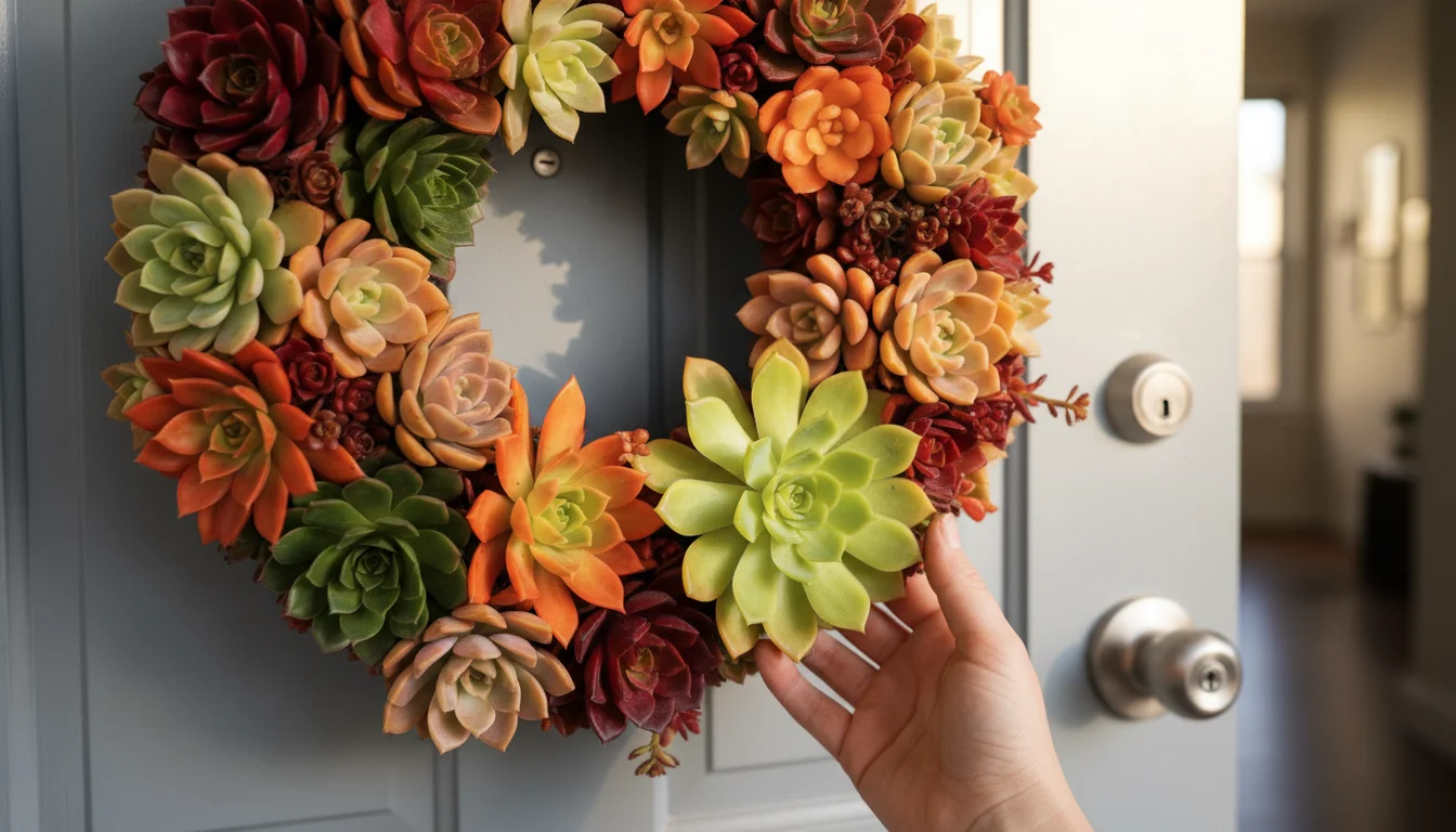 A hand gently touches a vibrant fall succulent wreath hanging on a muted apartment door.