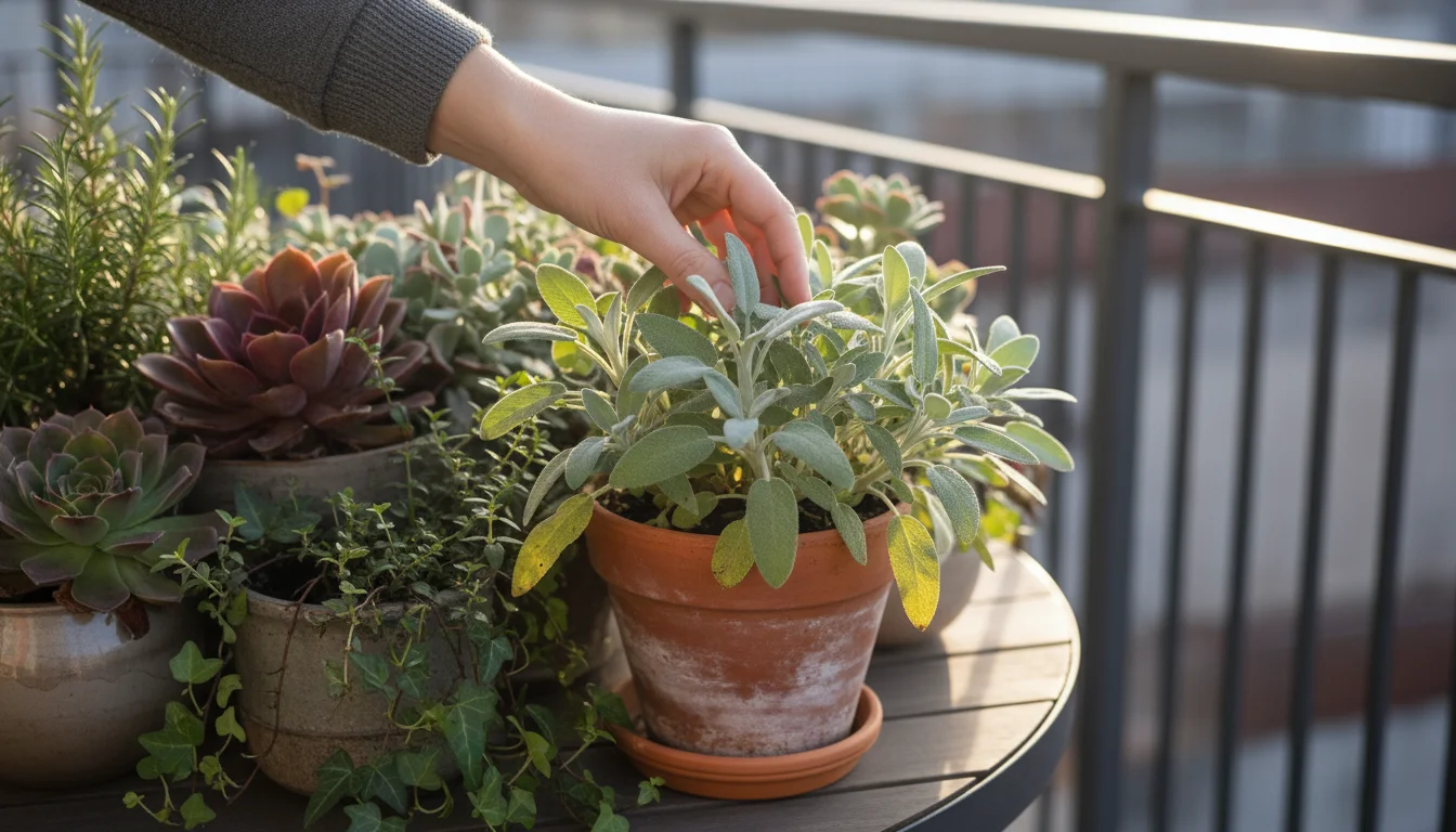 A hand gently touches a slightly yellowing leaf on a potted sage plant, part of a fall centerpiece on a balcony table.