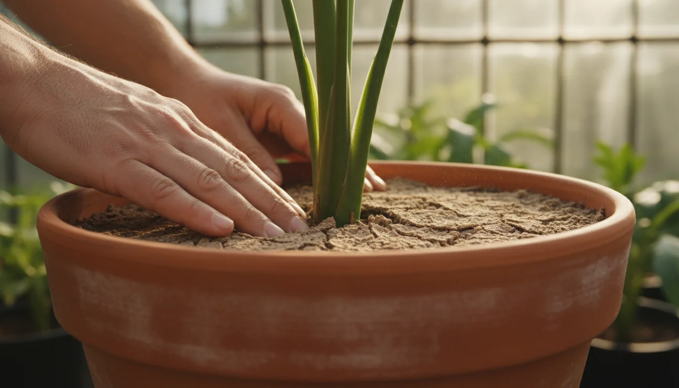 A close-up of a hand touching the dry, cracked soil in a terracotta pot.