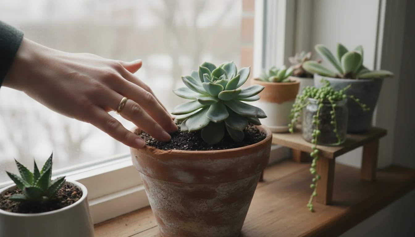 Hand touching dry soil of a succulent in a terracotta pot on a windowsill, with other succulents nearby.