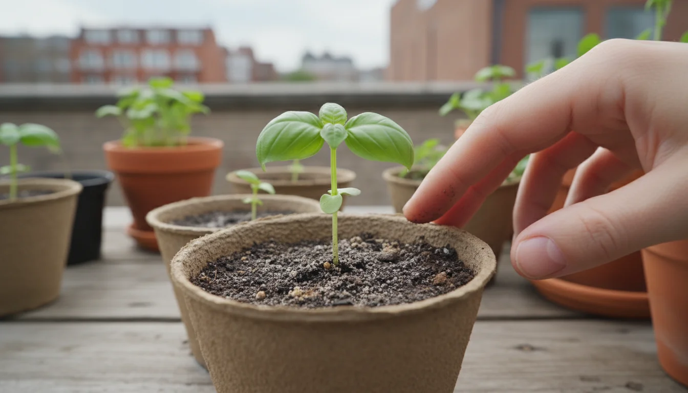 Close-up of a hand gently touching the slightly dry topsoil of a healthy basil seedling in a small biodegradable pot on an indoor windowsill.