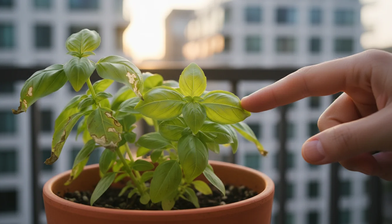 Close-up of a hand gently touching a healthy new leaf on a potted plant on an urban balcony, with older leaves showing minor wind damage.