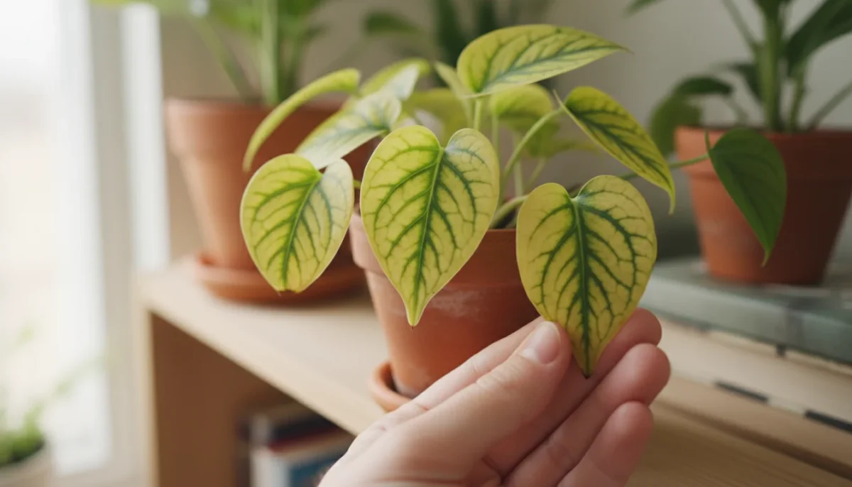 Close-up of a hand gently touching a houseplant with distinct yellowing leaves (chlorosis) in a terracotta pot.