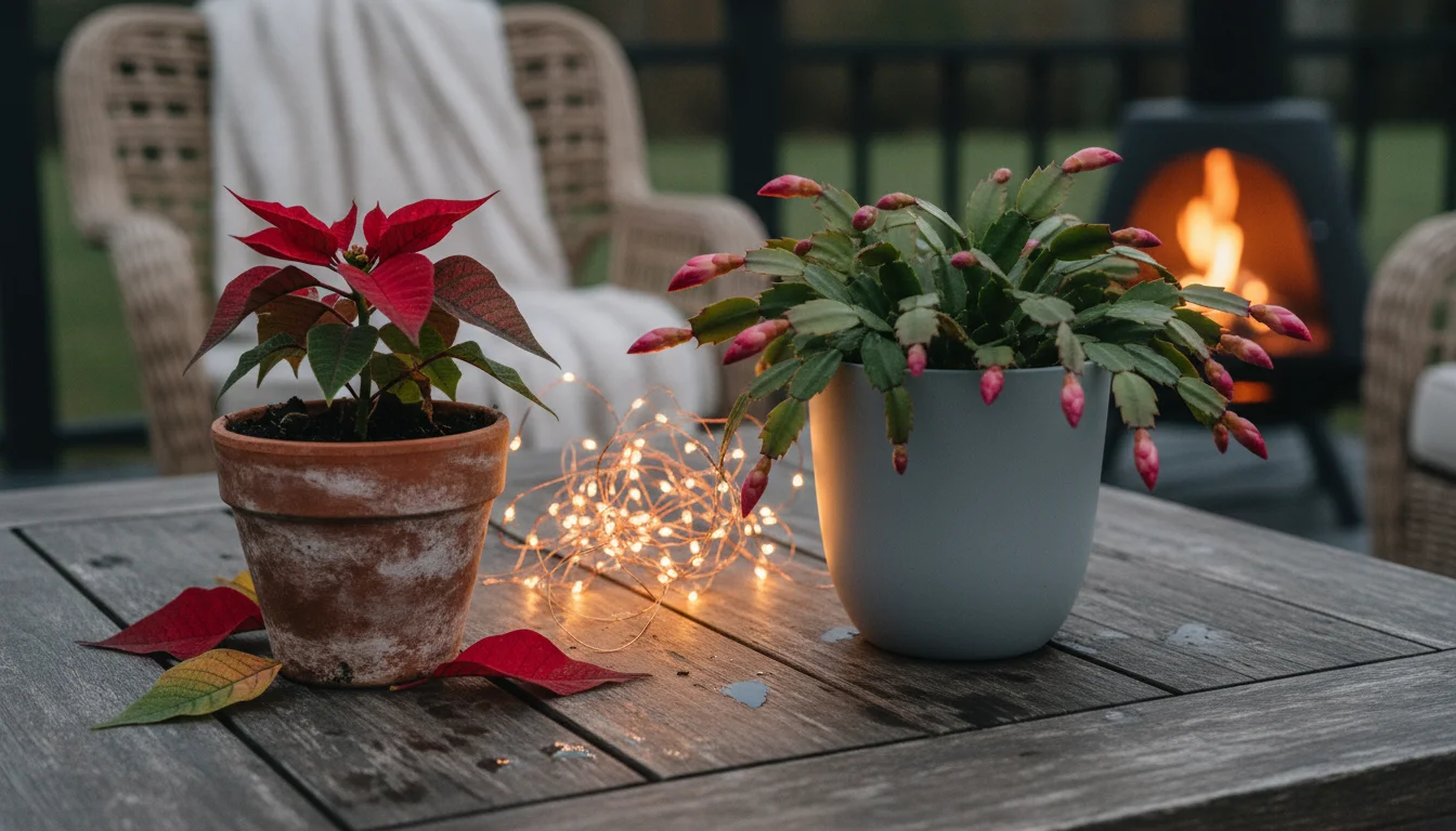 Close-up of a hand gently touching soil of a small Christmas cactus, with a poinsettia nearby, both dropping leaves on a wooden table.