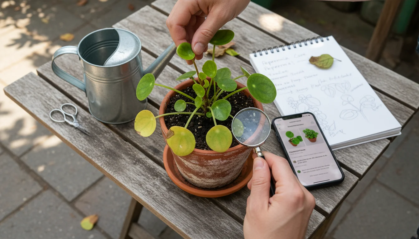 Close-up of a hand gently touching soil in a terracotta pot, diagnosing a wilting plant with yellowing lower leaves on a small wooden patio table.