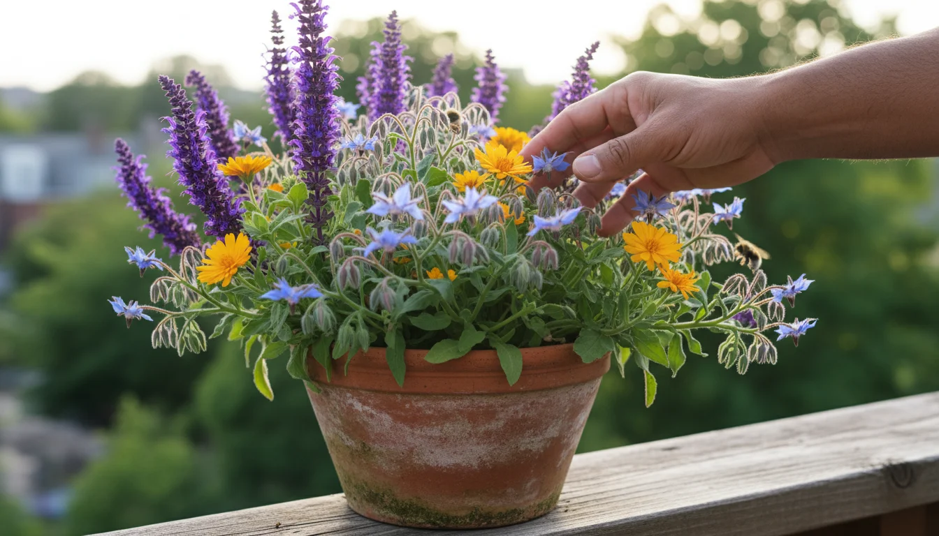 Close-up of a hand gently touching vibrant, mixed pollinator-friendly flowers in a terracotta pot on a balcony railing.
