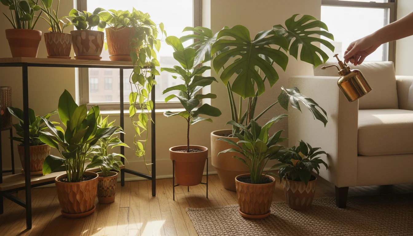 Close-up of a hand gently touching a vibrant, unfurling new leaf on a tropical houseplant thriving indoors on a shelf.