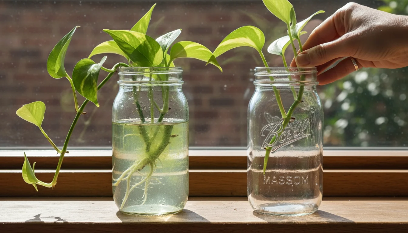 A hand transferring a Pothos cutting from an algae-coated glass jar to a clean one with fresh water, on a windowsill.