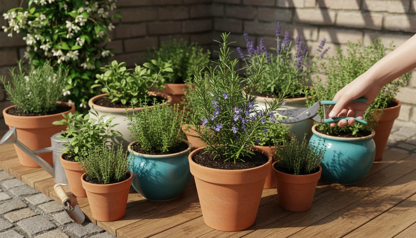 A hand gently trims oregano in a terracotta pot on a sun-drenched patio, surrounded by thriving heat-tolerant herbs.