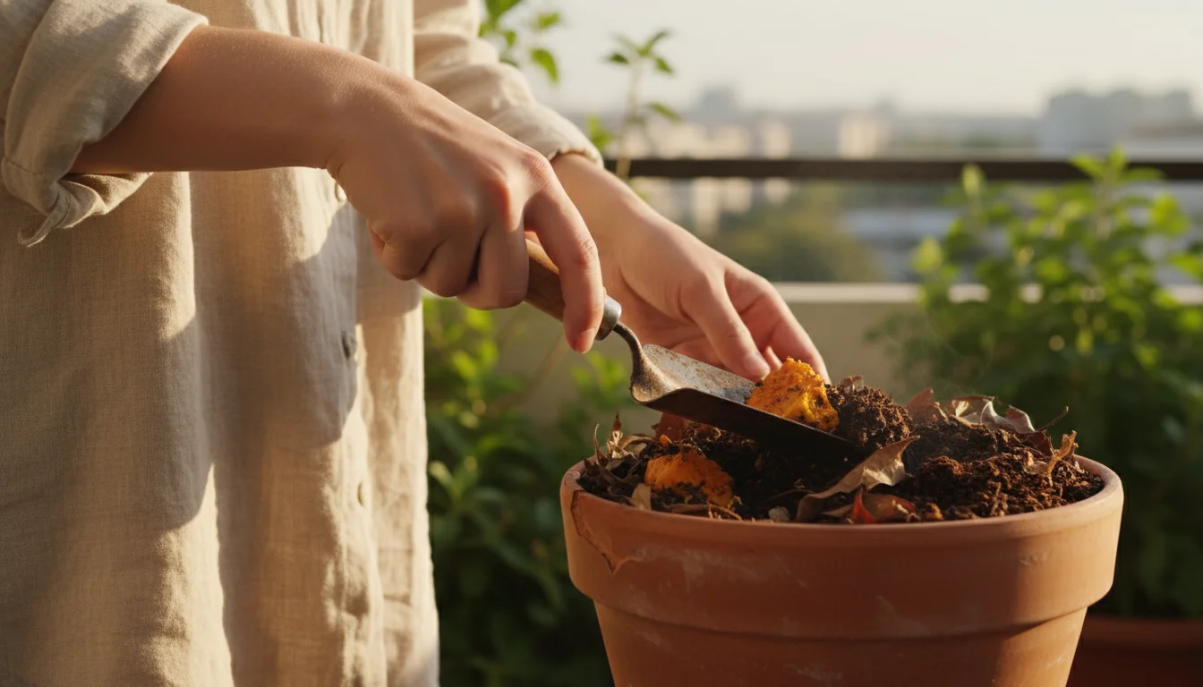 A hand trowel gently mixes decomposing organic matter in a terracotta pot on an urban balcony.