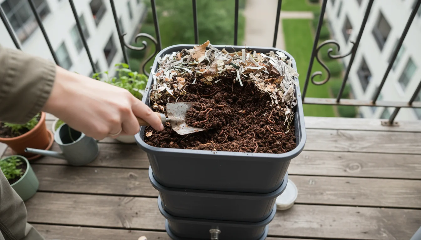 Hand with trowel revealing dark, crumbly worm castings inside a compact vermicomposter on a balcony, indicating it's ready for harvest.