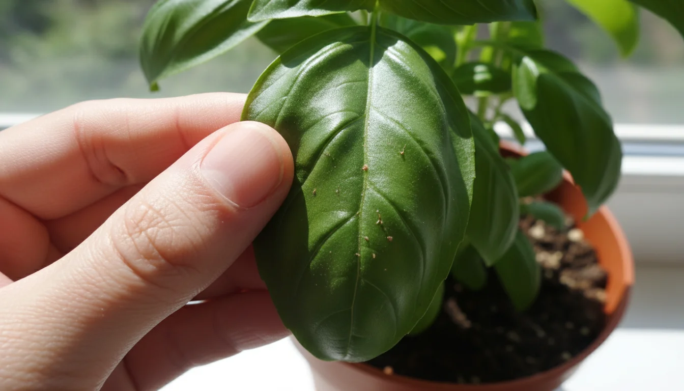 Close-up of a hand gently turning over a vibrant green basil leaf in a pot, meticulously inspecting its underside for tiny red specks.
