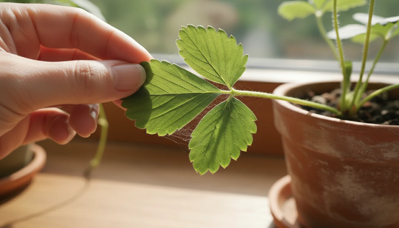 A hand carefully turns over a bright green strawberry leaf, revealing faint, delicate webbing on its underside from tiny pests.