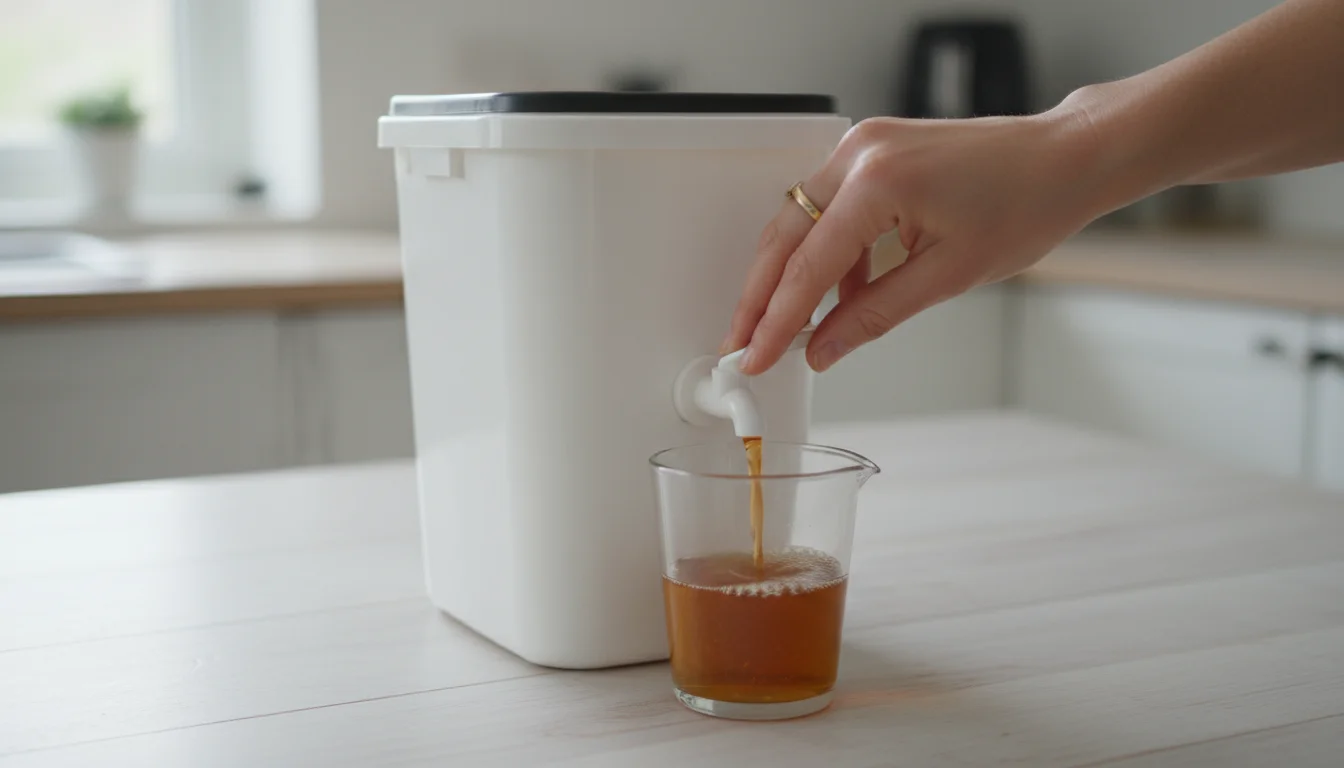 A hand turns the spigot on a white bokashi bucket, draining golden-brown fermentation tea into a clear glass measuring cup on a wooden counter.