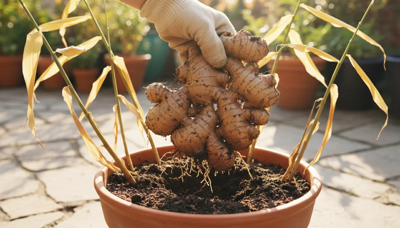 A hand gently unearthing a plump ginger rhizome from a terracotta pot. The plant has yellowing leaves and leaning stems.