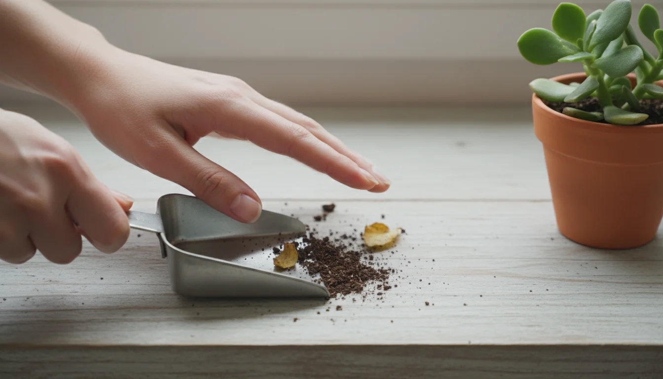 A hand uses a mini brush and dustpan to sweep a few specks of soil and a tiny leaf off a shelf next to a potted plant.