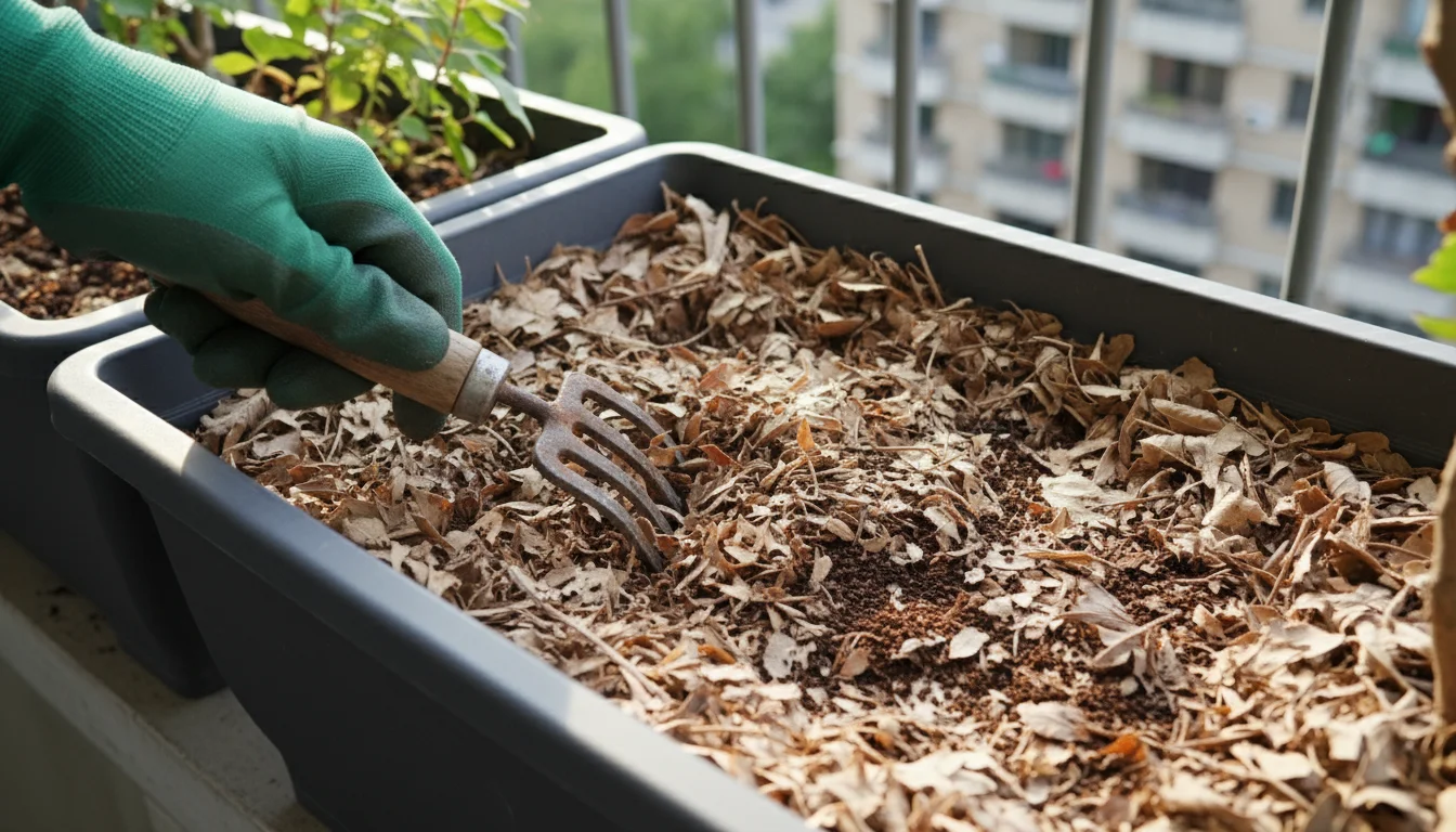 A hand uses a small hand fork to aerate dry, compacted leaf mulch in a rectangular balcony planter, with coffee grounds visible.