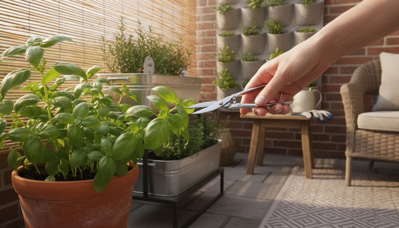 A hand uses small herb scissors to snip leaves from a bushy basil plant on a sunny patio, surrounded by other thriving container herbs. A basket of fr