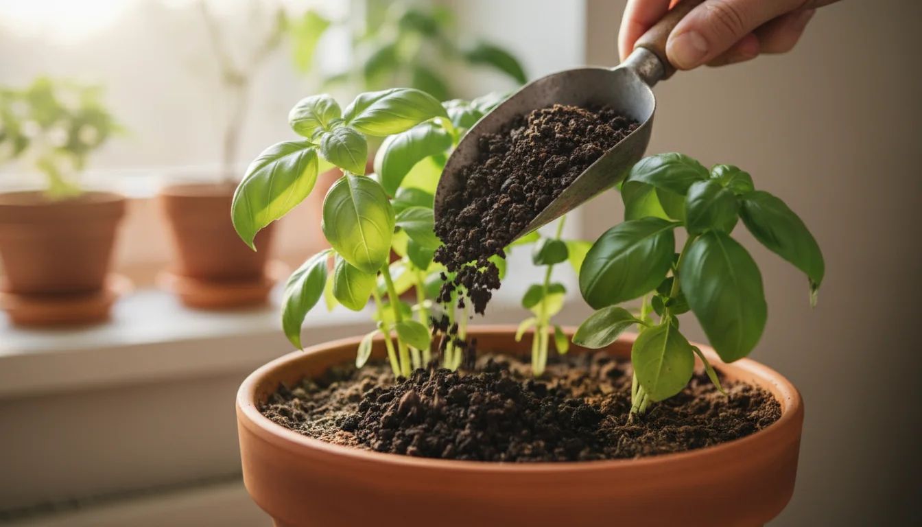 A hand uses a small metal scoop to add dark, crumbly worm castings to a vibrant basil plant in a terracotta pot.